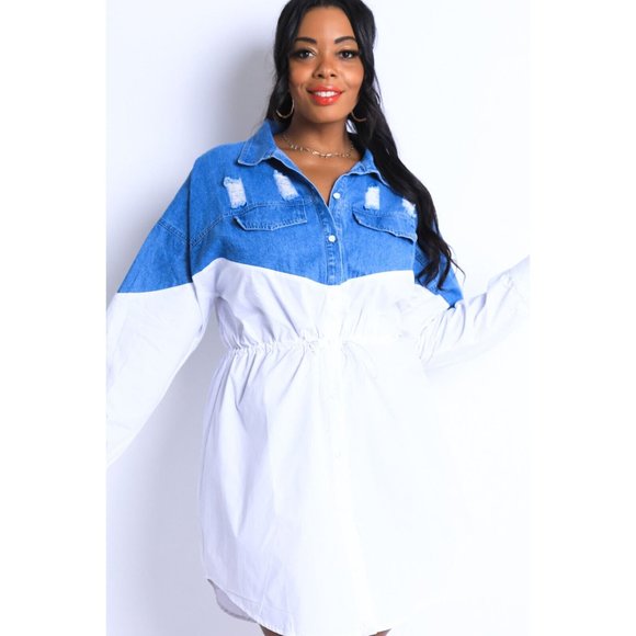 Women's Sexy Denim Block Casual Mini Dress Plus Size White Denim Curvy Outfit - Picture 2 of 12